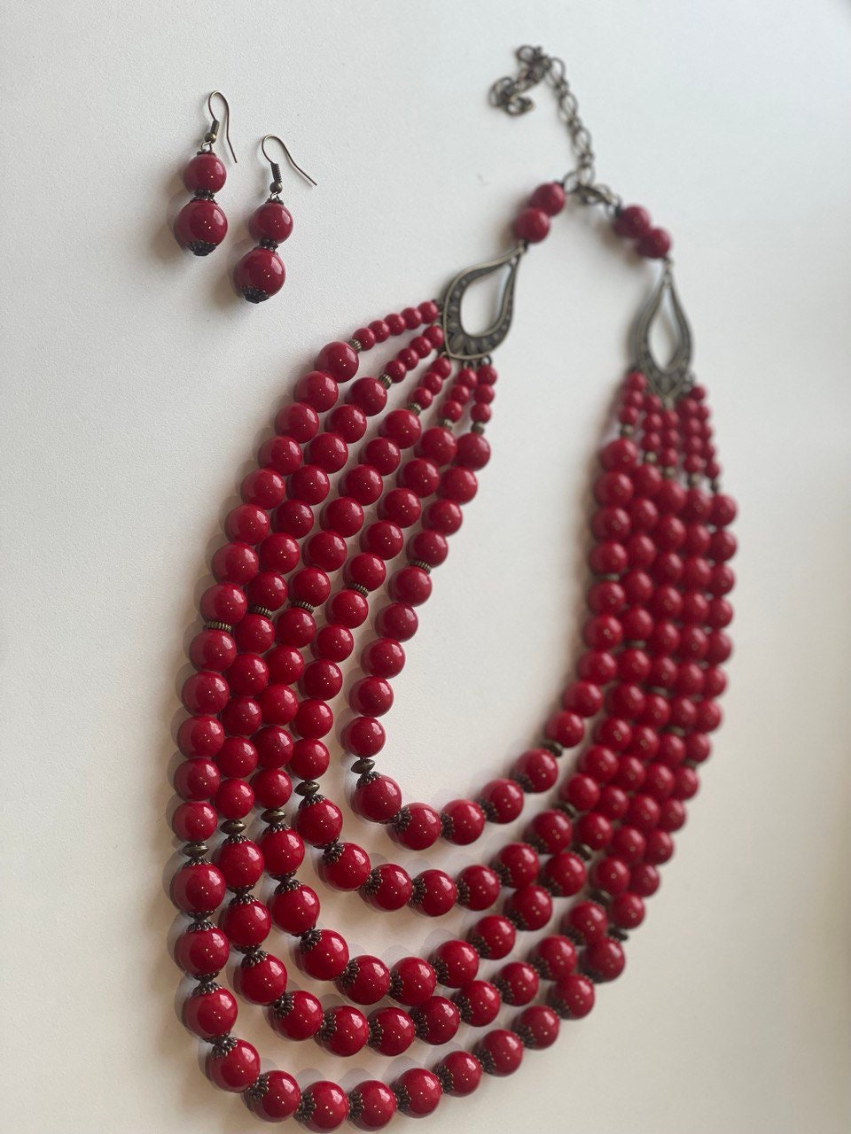 2025 Red Handmade Ukrainian Necklace with Pressed Coral Beads and Earrings, Traditional Hutsul Ethnic Jewelry