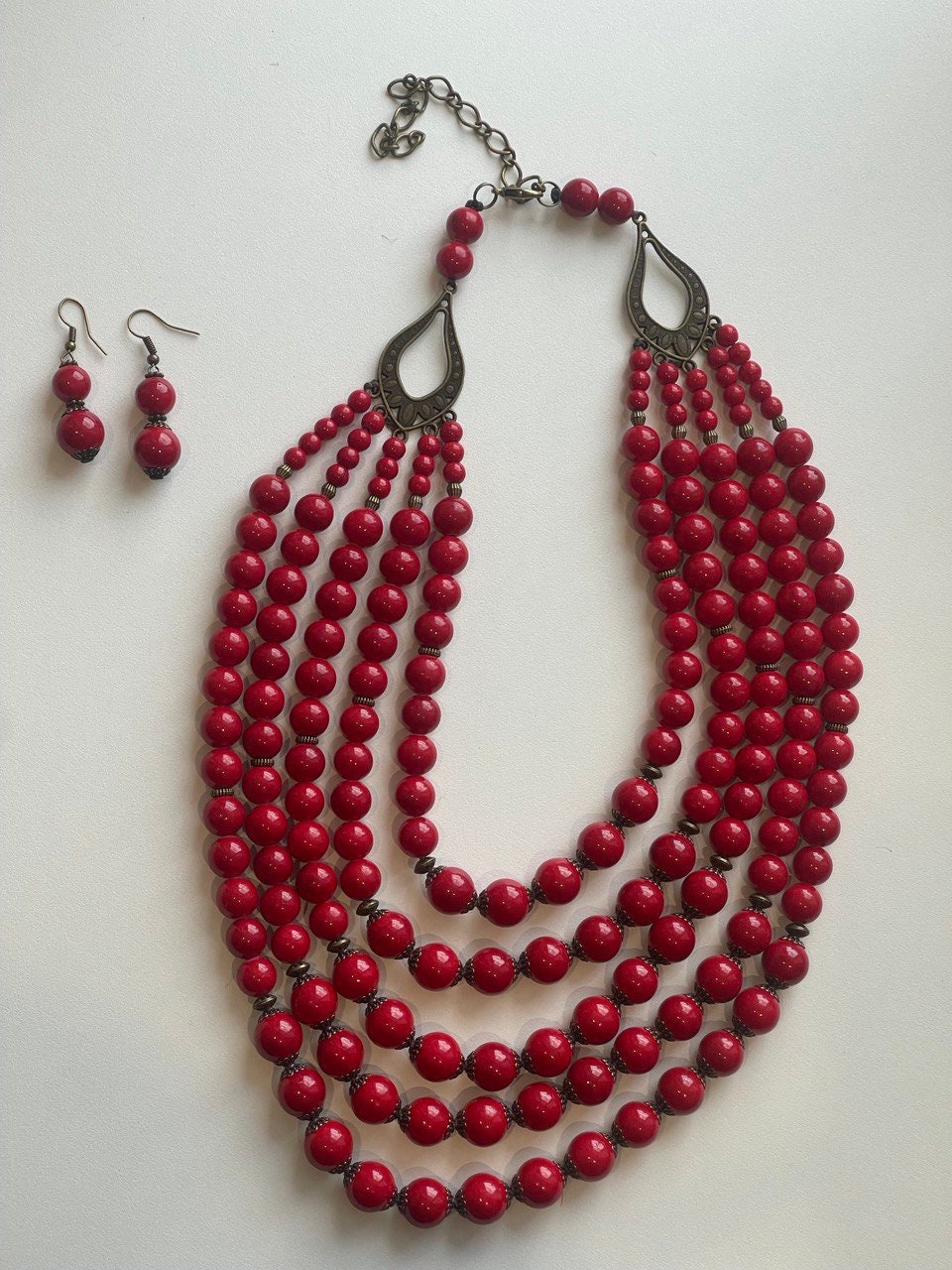 2025 Red Handmade Ukrainian Necklace with Pressed Coral Beads, Ethnic Jewelry Set