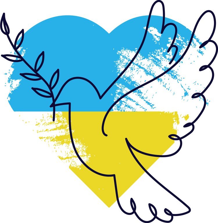 Illustration of a dove and olive branch against a Ukrainian flag heart, symbolizing support and donation to Ukraine.