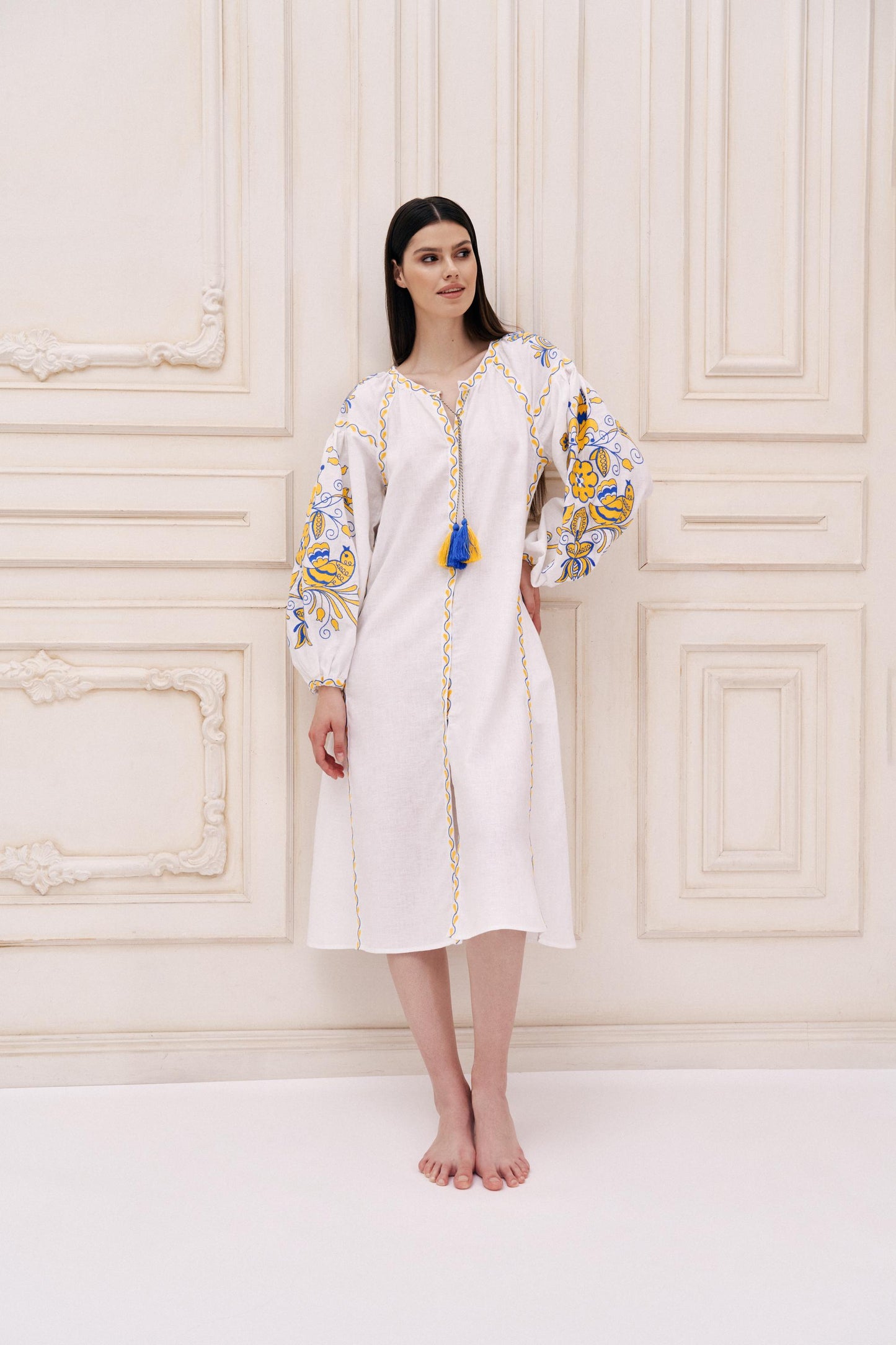 Ukrainian Vyshyvanka white linen embroidered wedding dress with blue and yellow floral patterns, boho style, gift for wife.