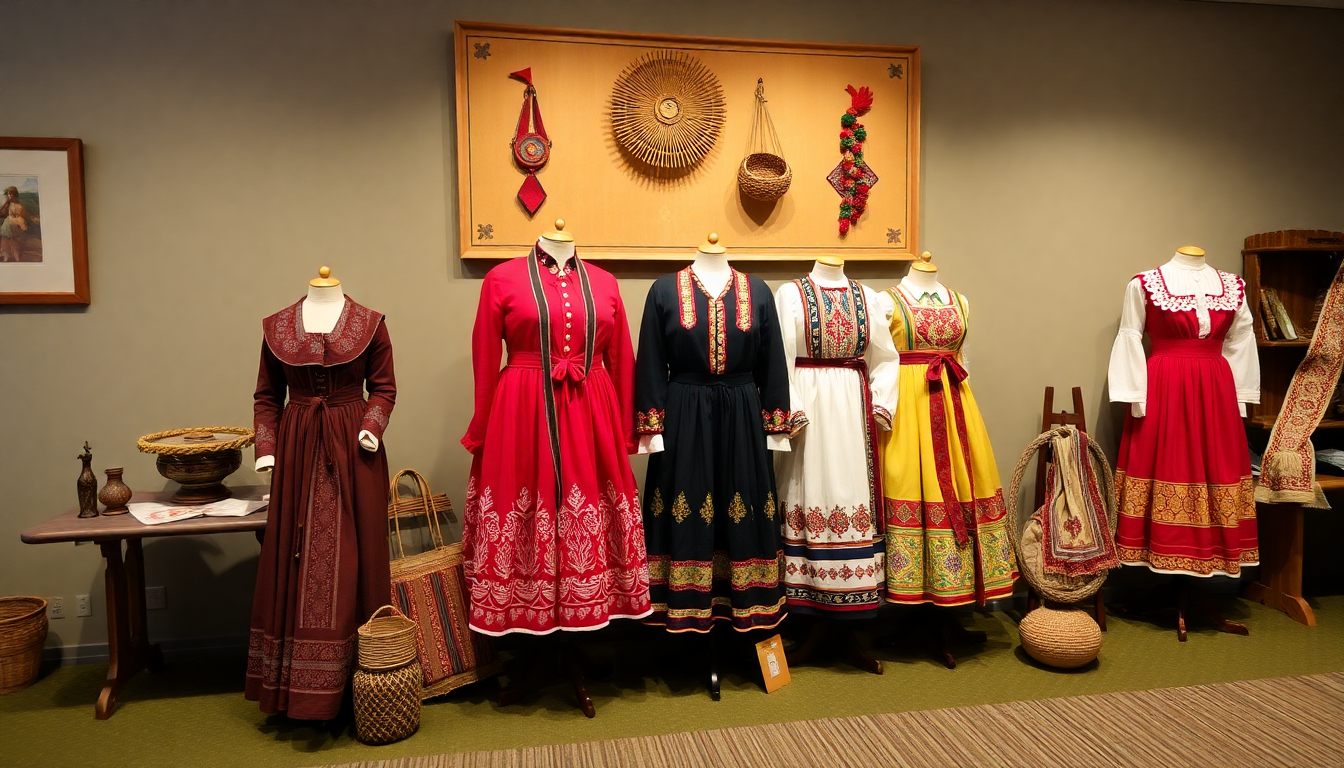 Traditional Ukrainian dresses on display, showcasing vibrant colors and intricate embroidery, celebrating Ukrainian heritage and culture.