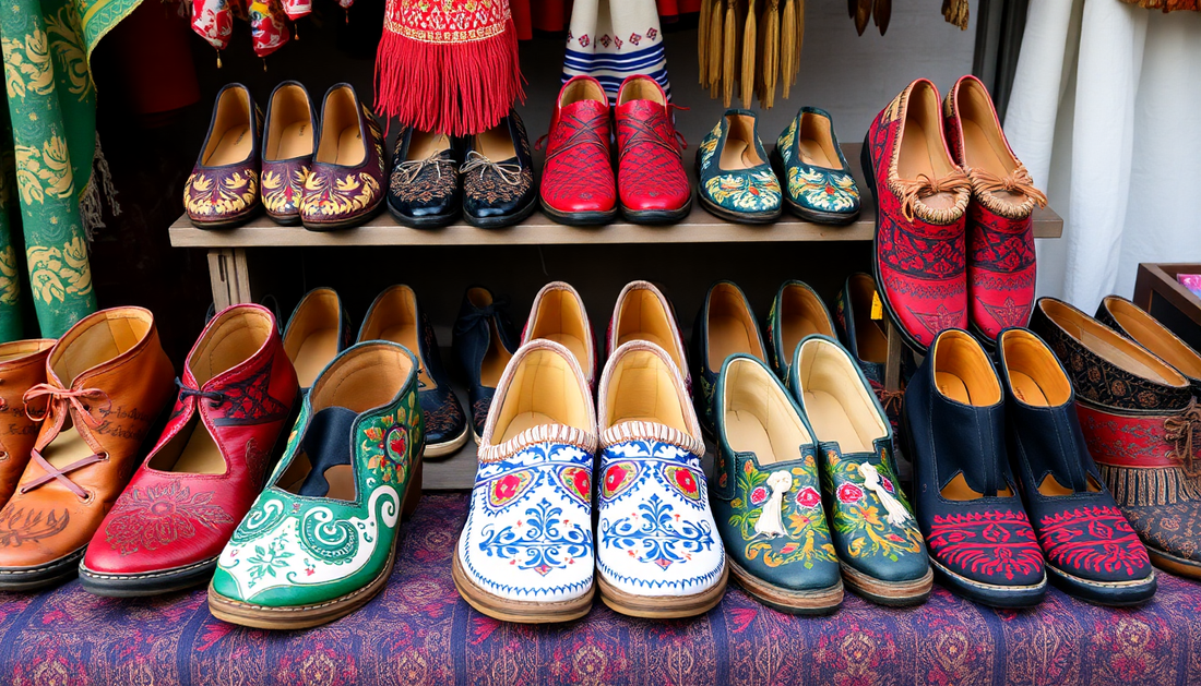 Traditional Ukrainian shoes displayed in vibrant colors and intricate patterns, showcasing cultural heritage and craftsmanship.