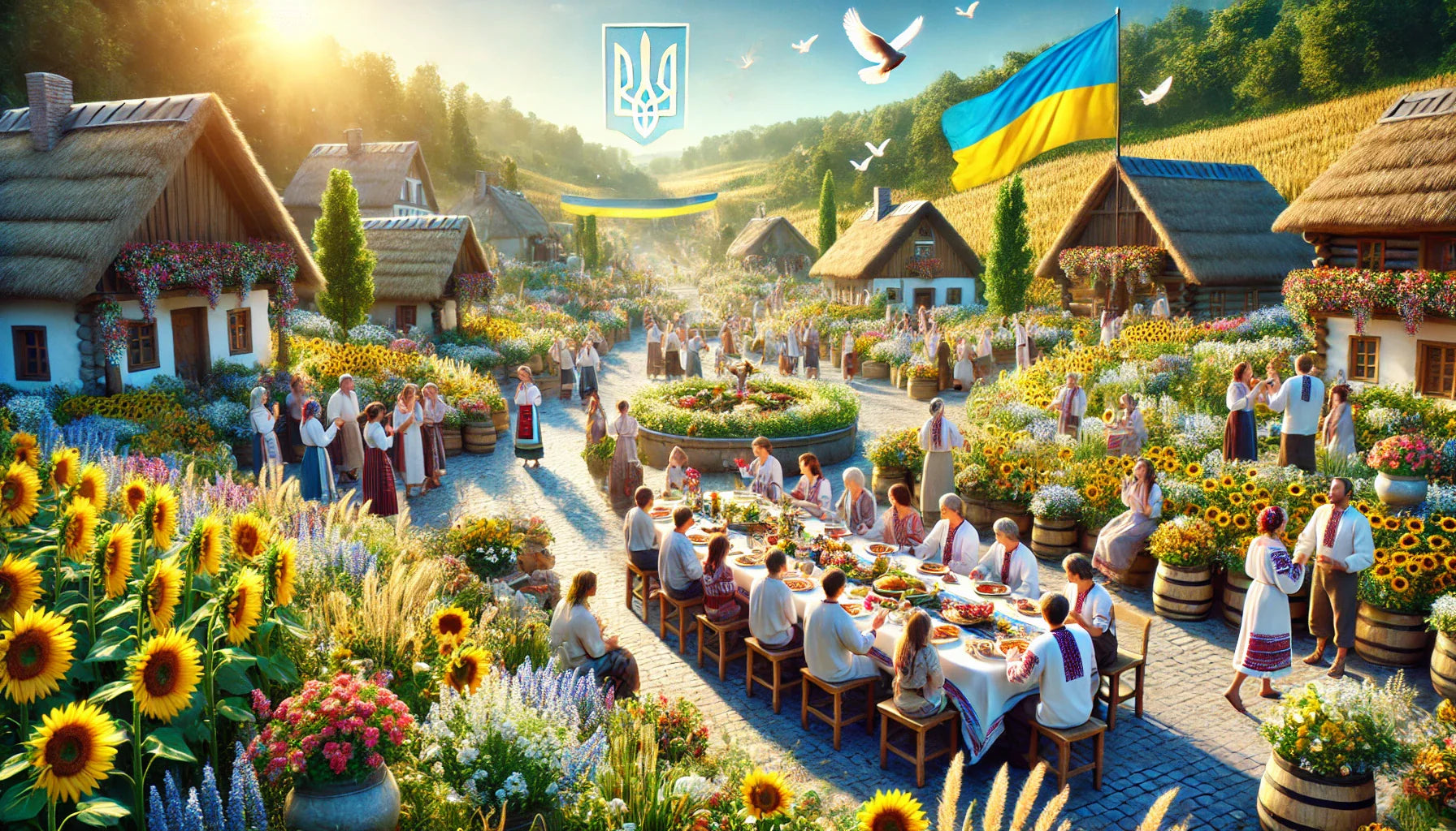 Ukrainian village celebration with traditional clothing, flowers, and flags, symbolizing unity and cultural heritage for 2025.