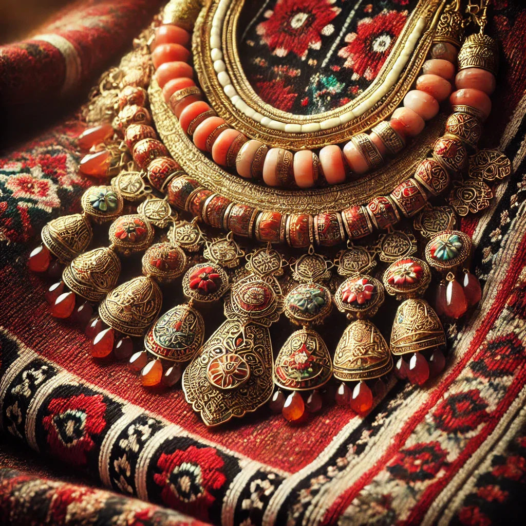 Intricate Ukrainian jewelry with traditional patterns, showcasing craftsmanship and cultural heritage on a vibrant fabric background.