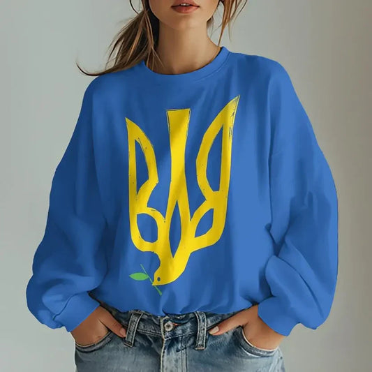 Blue sweatshirt with a yellow Ukrainian coat of arms design for showing support and solidarity for Ukraine.