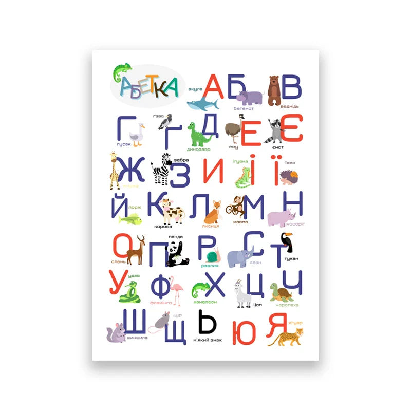 Colorful Ukrainian alphabet chart with animals representing each letter for educational and cultural learning.