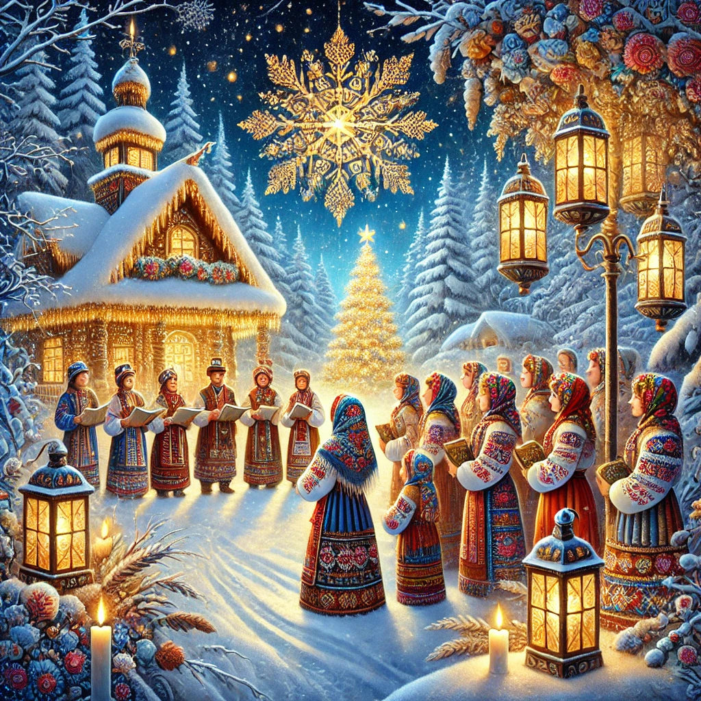 Ukrainian Christmas carolers in traditional attire celebrate in snow-covered village with illuminated church and tree.