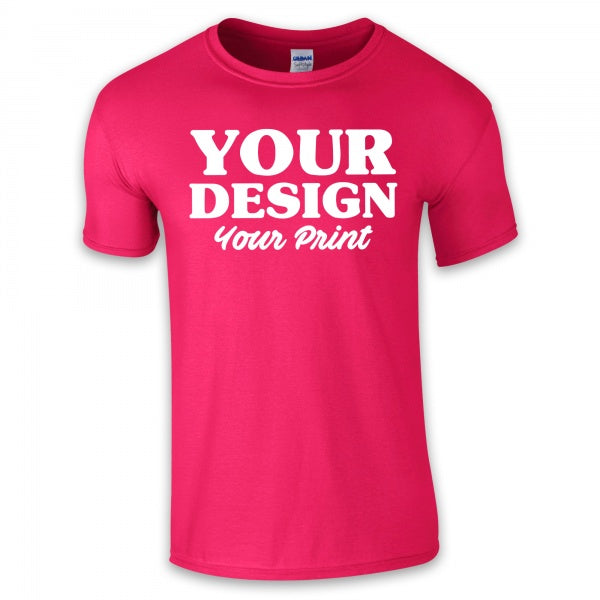 Customizable red t-shirt for print on demand with 'Your Design Your Print' text.