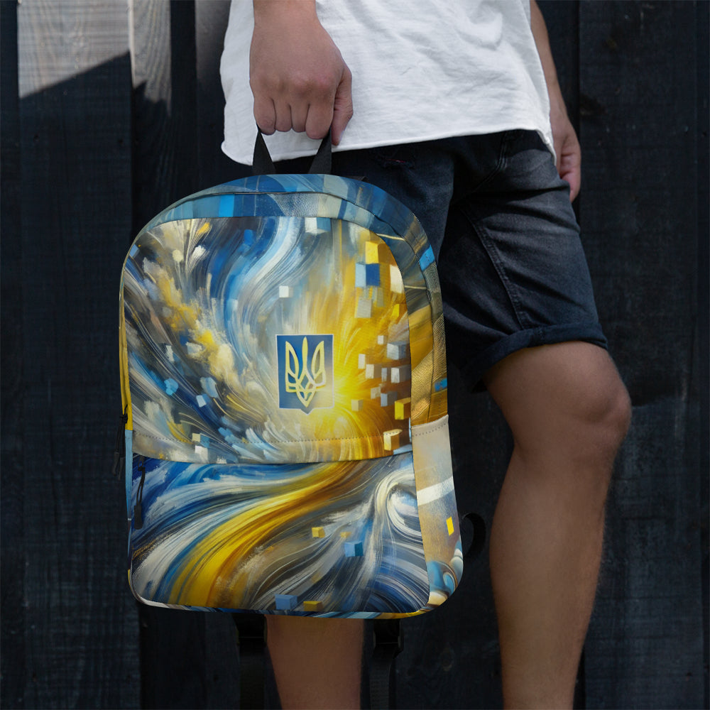 Person holding a colorful backpack with abstract design and Ukrainian emblem, wearing casual attire against a dark background.