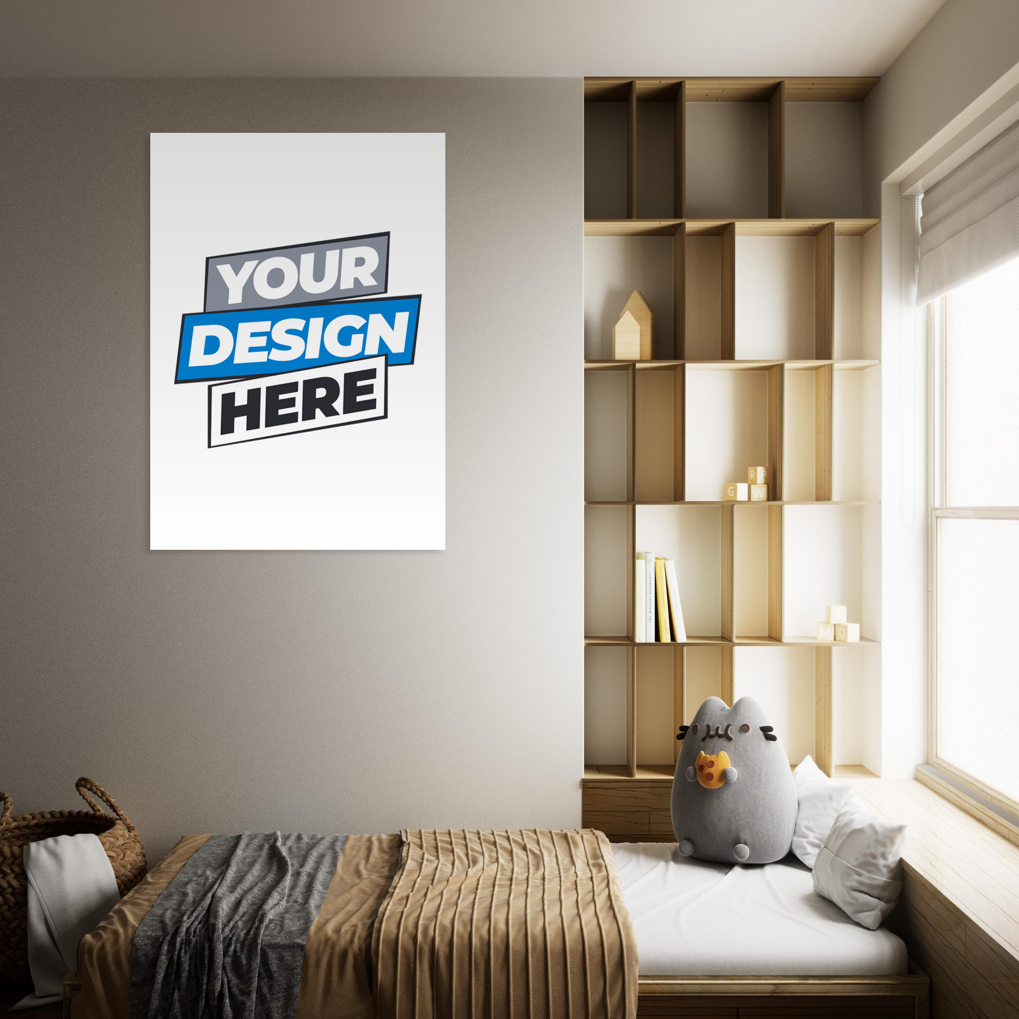 Blank fine art poster on wall with giclée print technology in cozy bedroom setting, ideal for vibrant color and smooth matte finish.