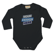 Black long sleeve baby bodysuit with "Your Design Here" text, featuring lap shoulders and snap leg openings for easy changing.