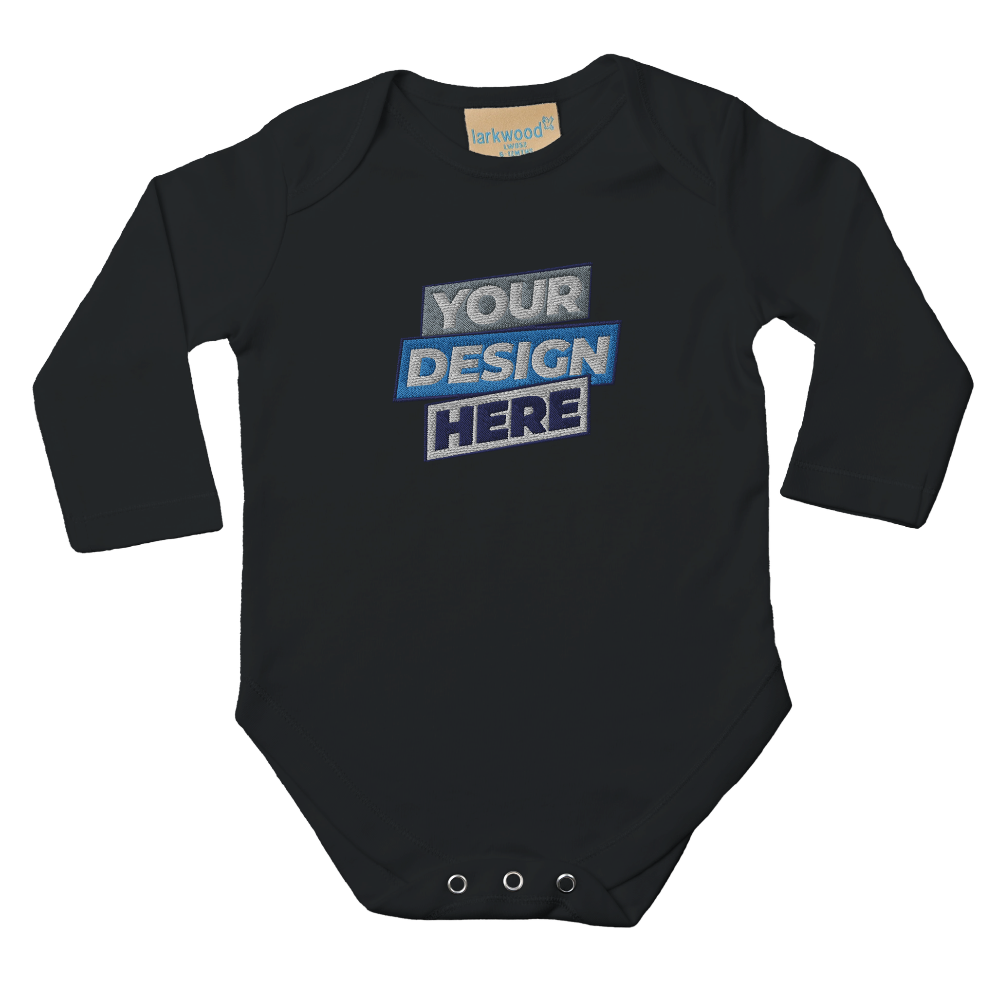 Black long sleeve baby bodysuit with "Your Design Here" text, featuring lap shoulders and snap leg openings for easy changing.