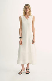 Aurevae Cupro-Linen A-Line Dress with V-neck, sleeveless design, mid-calf length, featuring breathable fabric and hidden zipper.