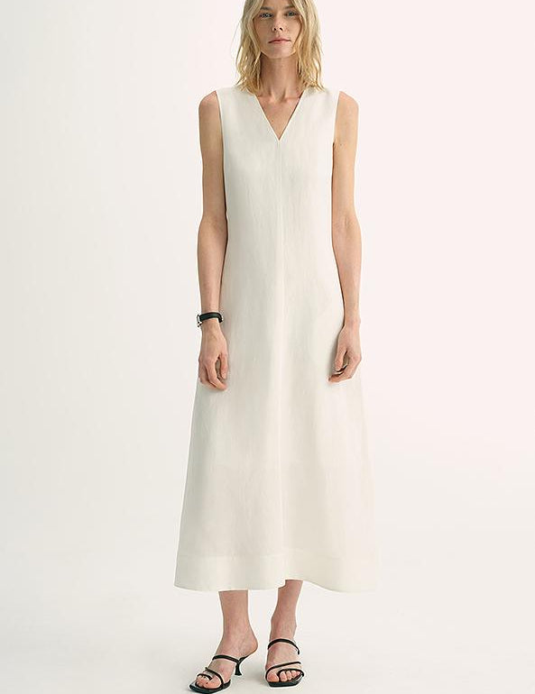Aurevae Cupro-Linen A-Line Dress with V-neck, sleeveless design, mid-calf length, featuring breathable fabric and hidden zipper.