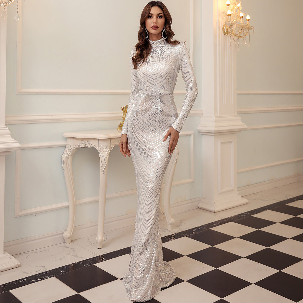 Celestial Grace High Neck Dress in white with long sleeves, showcasing elegant sophistication for formal events.