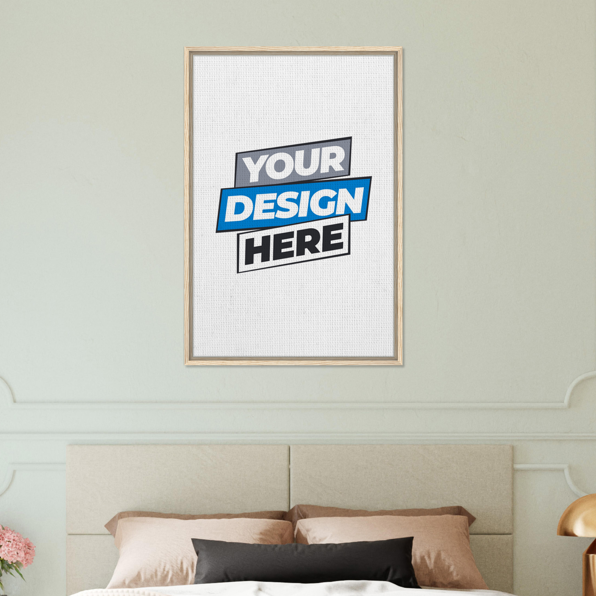 Framed canvas print above bed in elegant bedroom, featuring customizable design space and natural wood frame for stylish decor.