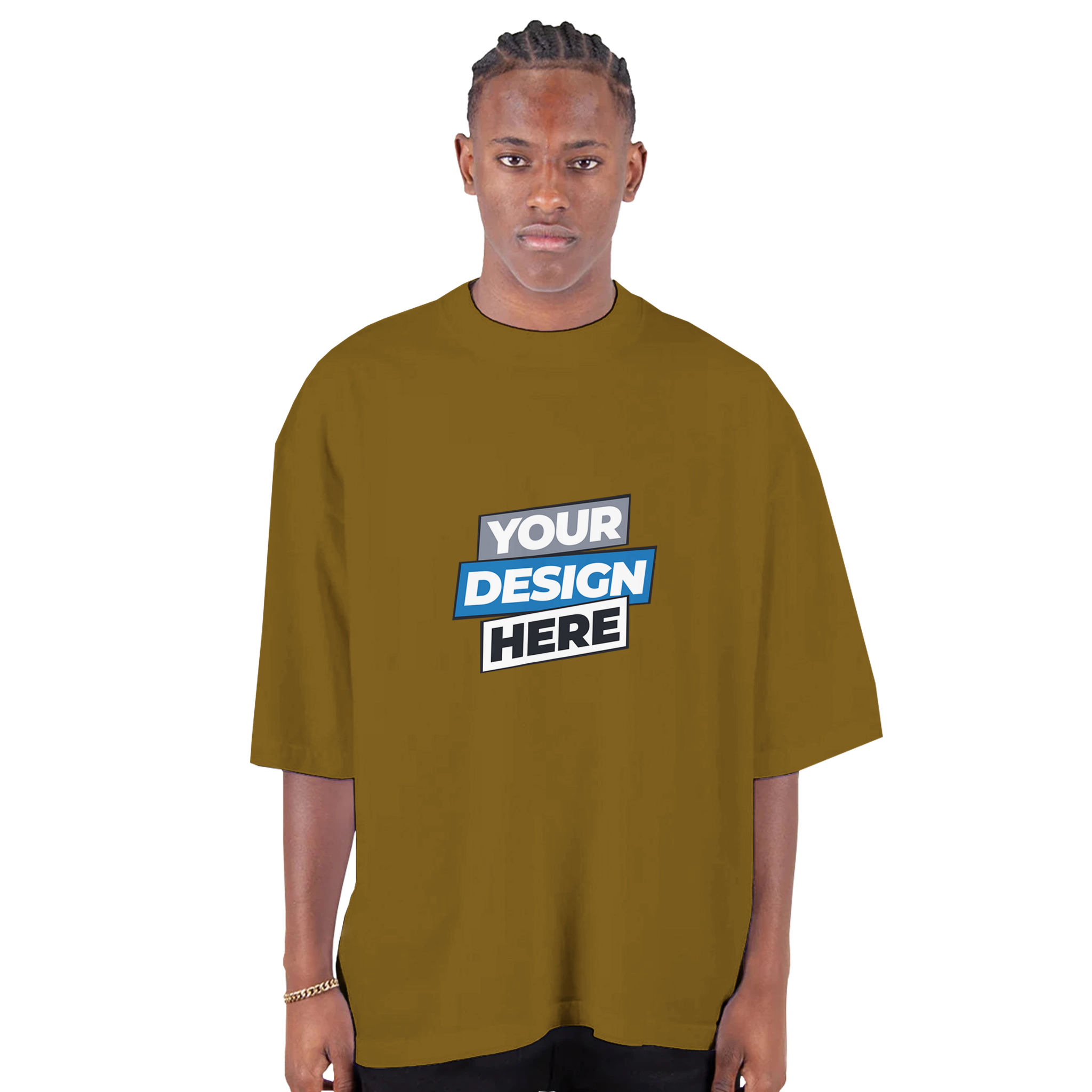 Man wearing men's oversized drop-shoulder crewneck t-shirt in brown with 'Your Design Here' text on the front, showcasing streetwear style.
