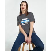 Woman wearing a Zalmera women’s cotton t-shirt with customizable design, featuring a comfortable semi-fitted style, in dark gray.
