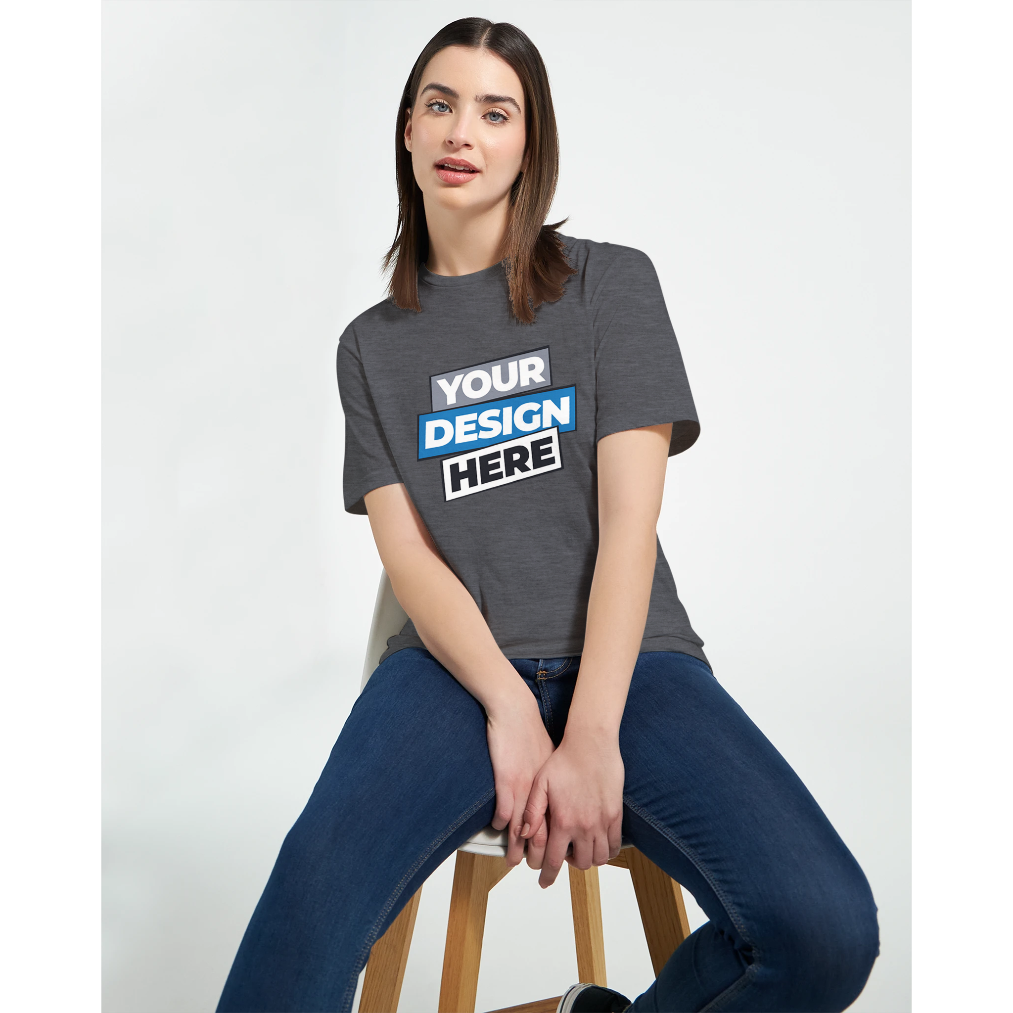 Woman wearing a Zalmera women’s cotton t-shirt with customizable design, featuring a comfortable semi-fitted style, in dark gray.