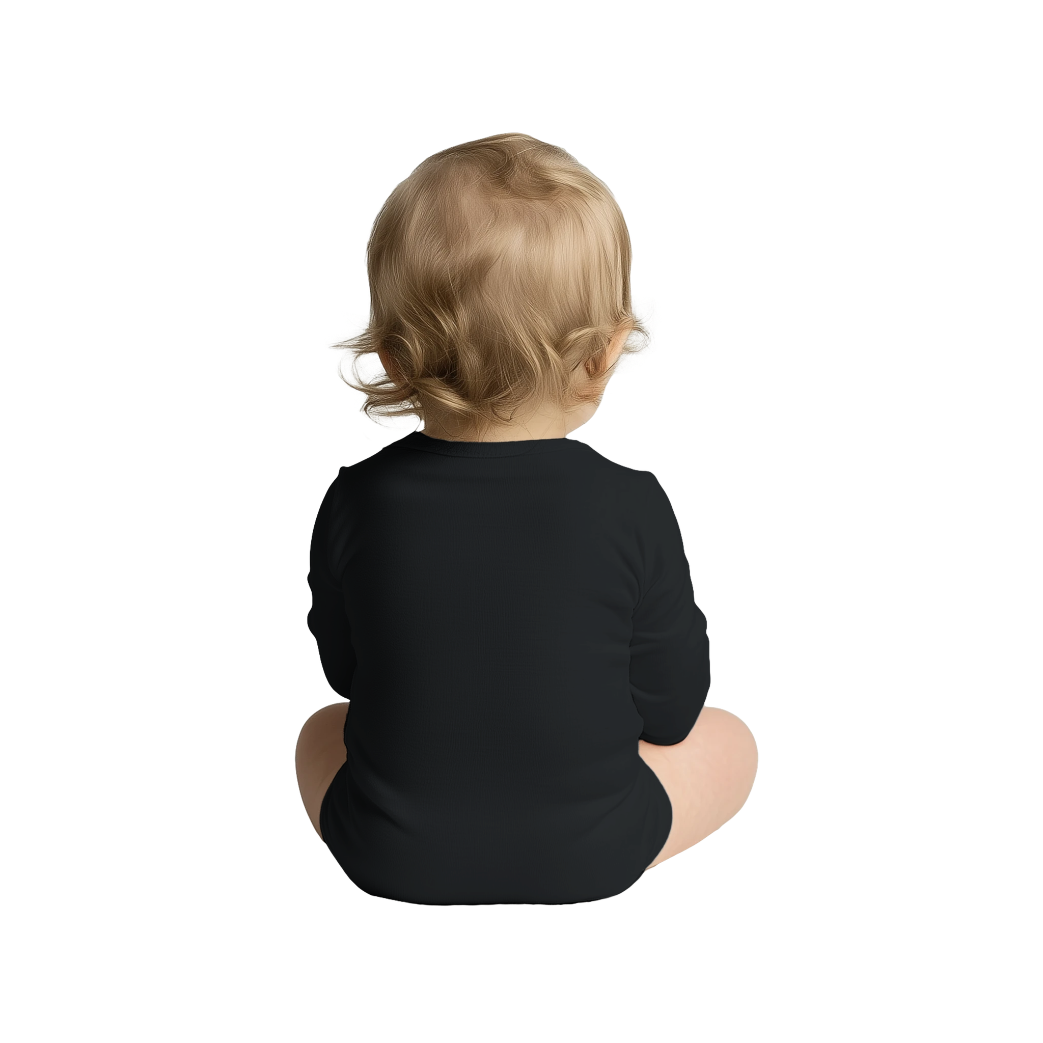 Baby wearing a black Serano Long Sleeve Bodysuit, sitting from the back, showcasing soft cotton fabric and lap shoulder design.