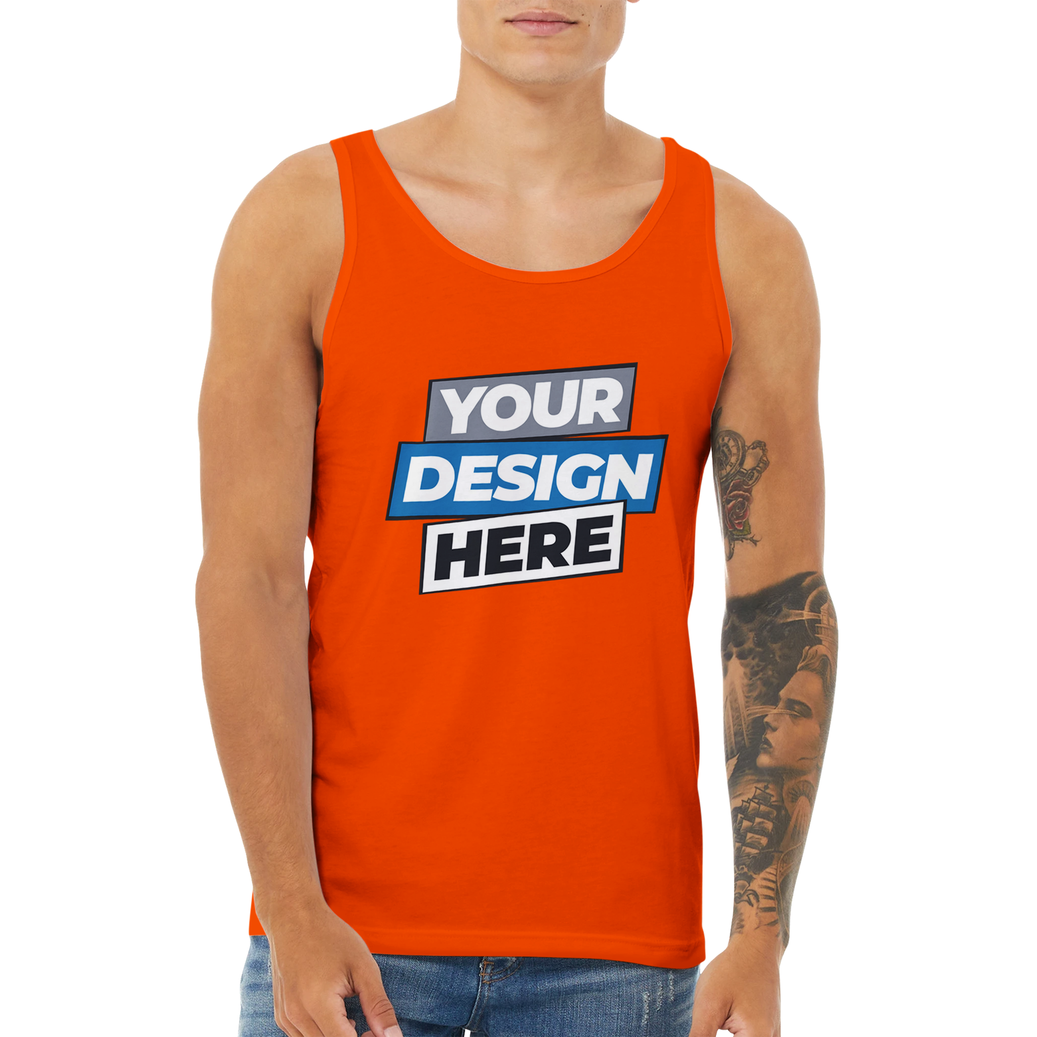 Unisex orange cotton tank top with customizable full-front print, ideal for layering or solo wear, featuring a minimalist design.