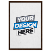 Custom framed canvas print with dark brown frame and 'Your Design Here' text, FSC-certified wood, cotton-polyester blend material.