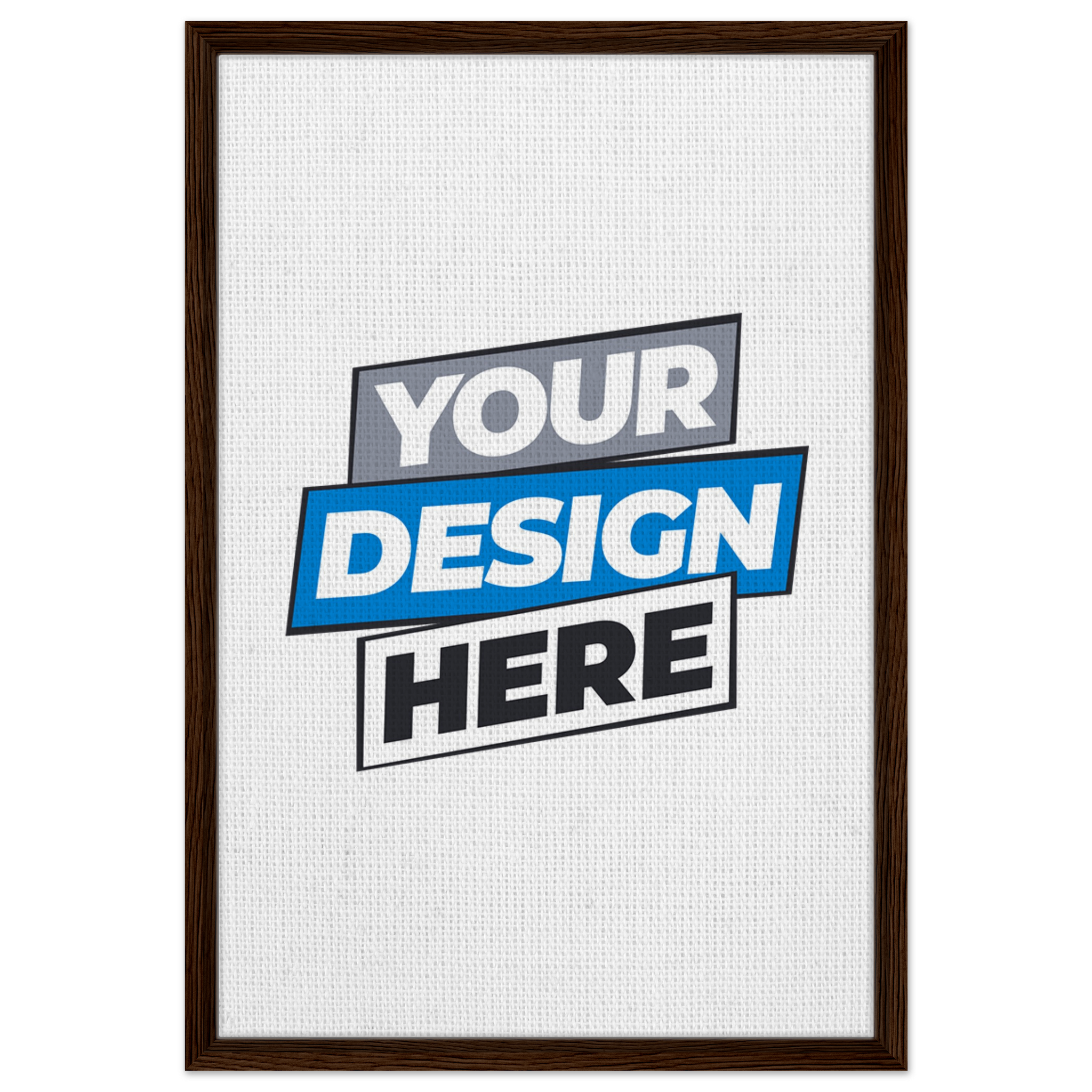 Custom framed canvas print with dark brown frame and 'Your Design Here' text, FSC-certified wood, cotton-polyester blend material.