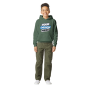 Youth wearing green Terylo hoodie with customizable design, midweight fleece, and pouch pocket, suitable for school and play.