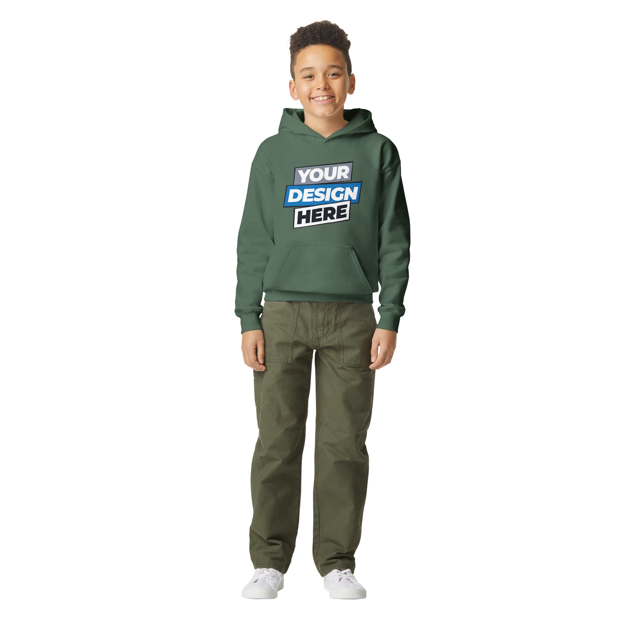 Youth wearing green Terylo hoodie with customizable design, midweight fleece, and pouch pocket, suitable for school and play.
