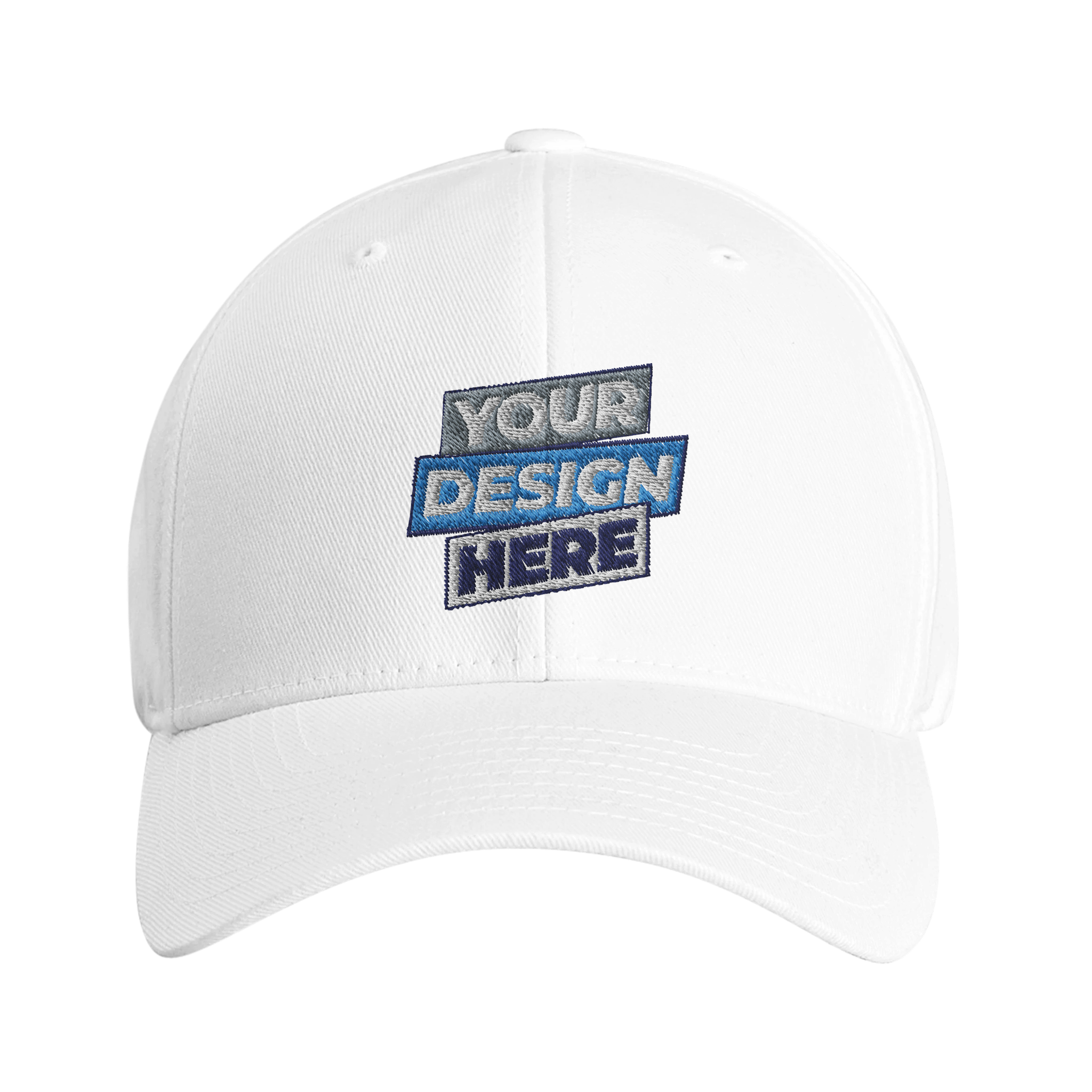 Fitted Baseball Cap Flexfit 6277 with "Your Design Here" logo, showcasing its curved visor and structured style for comfort and quality fit.