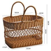 Handmade rattan-style picnic basket with dimensions, perfect for stylish outdoor picnics and shopping.