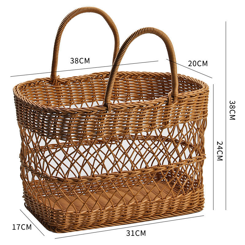 Handmade rattan-style picnic basket with dimensions, perfect for stylish outdoor picnics and shopping.