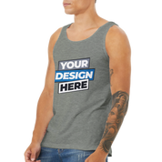 Man wearing a gray Calvoro cotton tank with custom print design, showcasing a comfortable and breathable unisex fit.