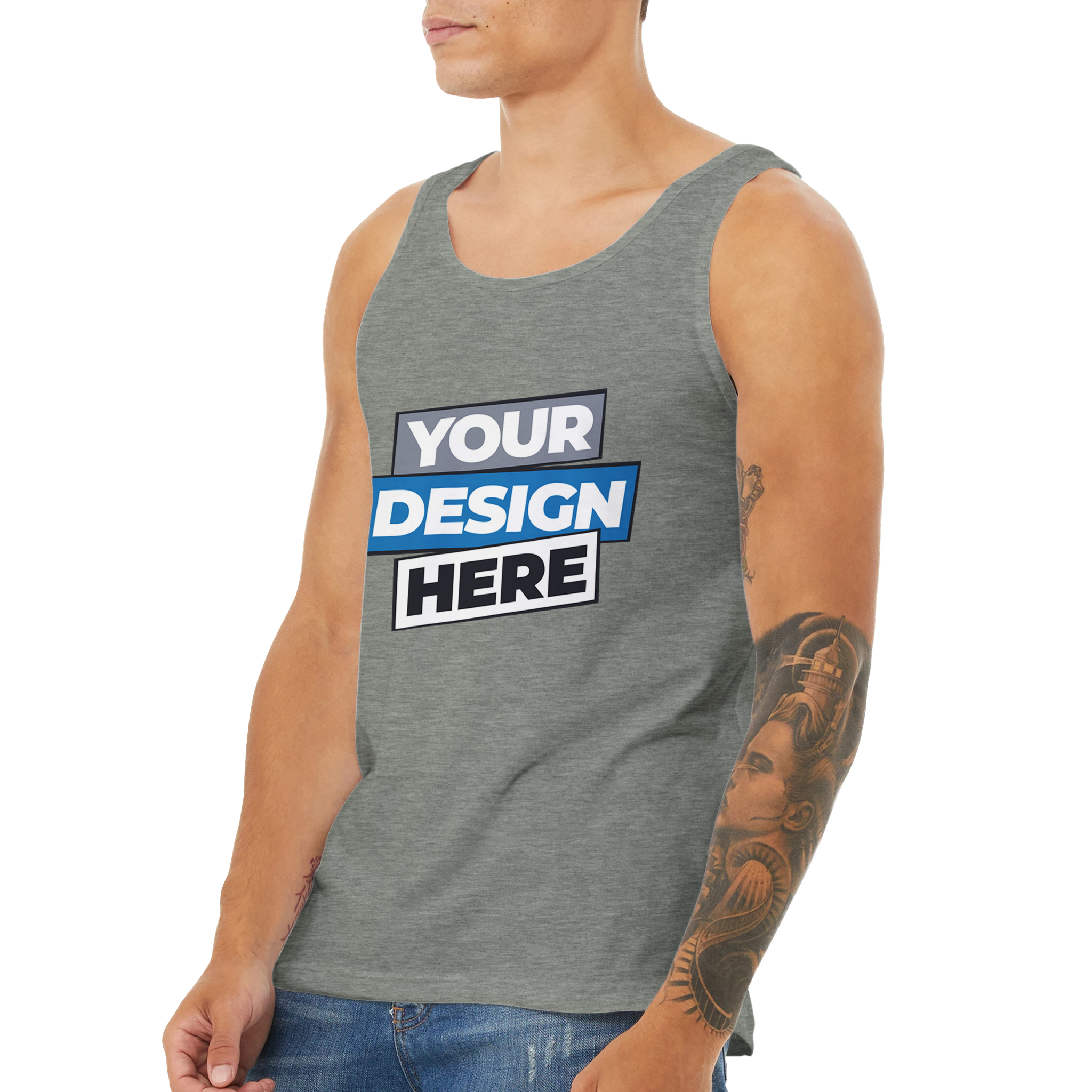 Man wearing a gray Calvoro cotton tank with custom print design, showcasing a comfortable and breathable unisex fit.