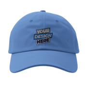Fitted Baseball Cap Flexfit 6277 in blue with 'Your Design Here' logo, featuring structured style and curved visor for comfort.