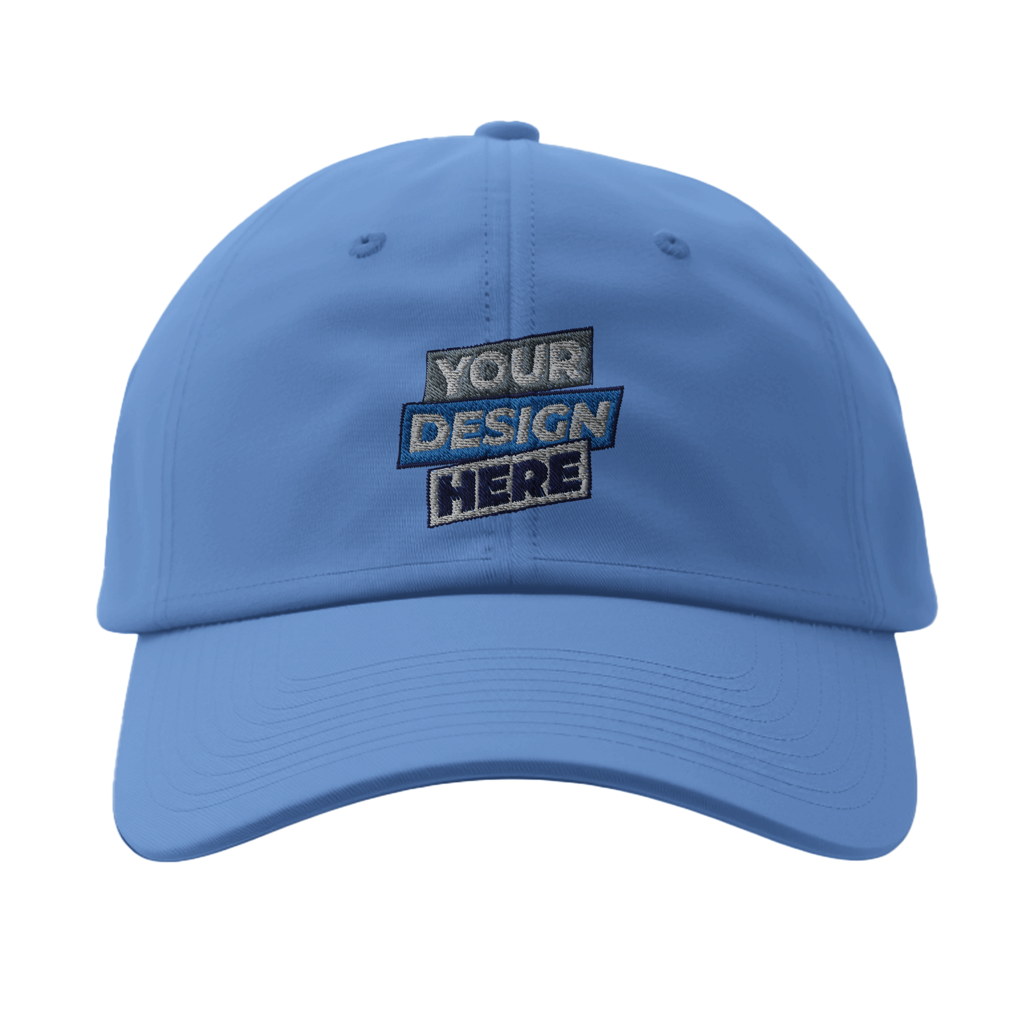 Fitted Baseball Cap Flexfit 6277 in blue with 'Your Design Here' logo, featuring structured style and curved visor for comfort.