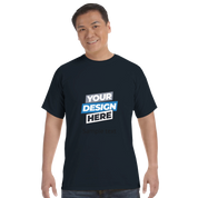 Man wearing a Print on Demand Durmor Heavyweight T-Shirt with 'Your Design Here' text on the front.