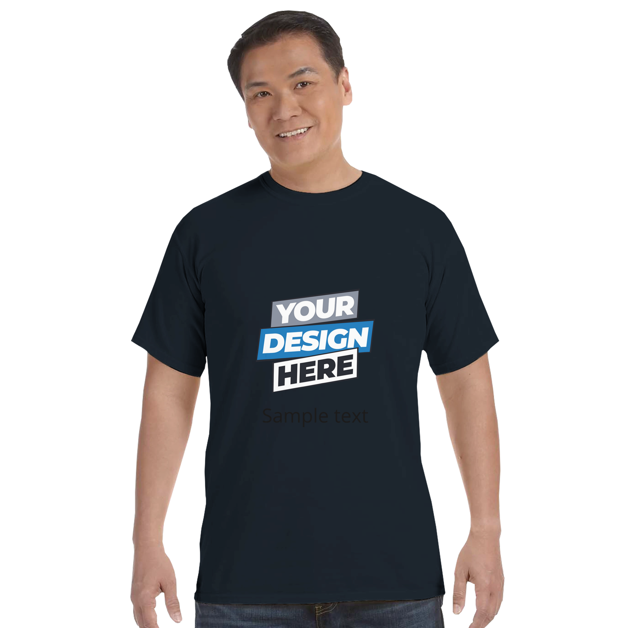 Man wearing a Print on Demand Durmor Heavyweight T-Shirt with 'Your Design Here' text on the front.