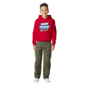 Youth wearing red Terylo fleece hoodie with customizable design, ideal for everyday play. Cozy, midweight, CPSIA-compliant garment.