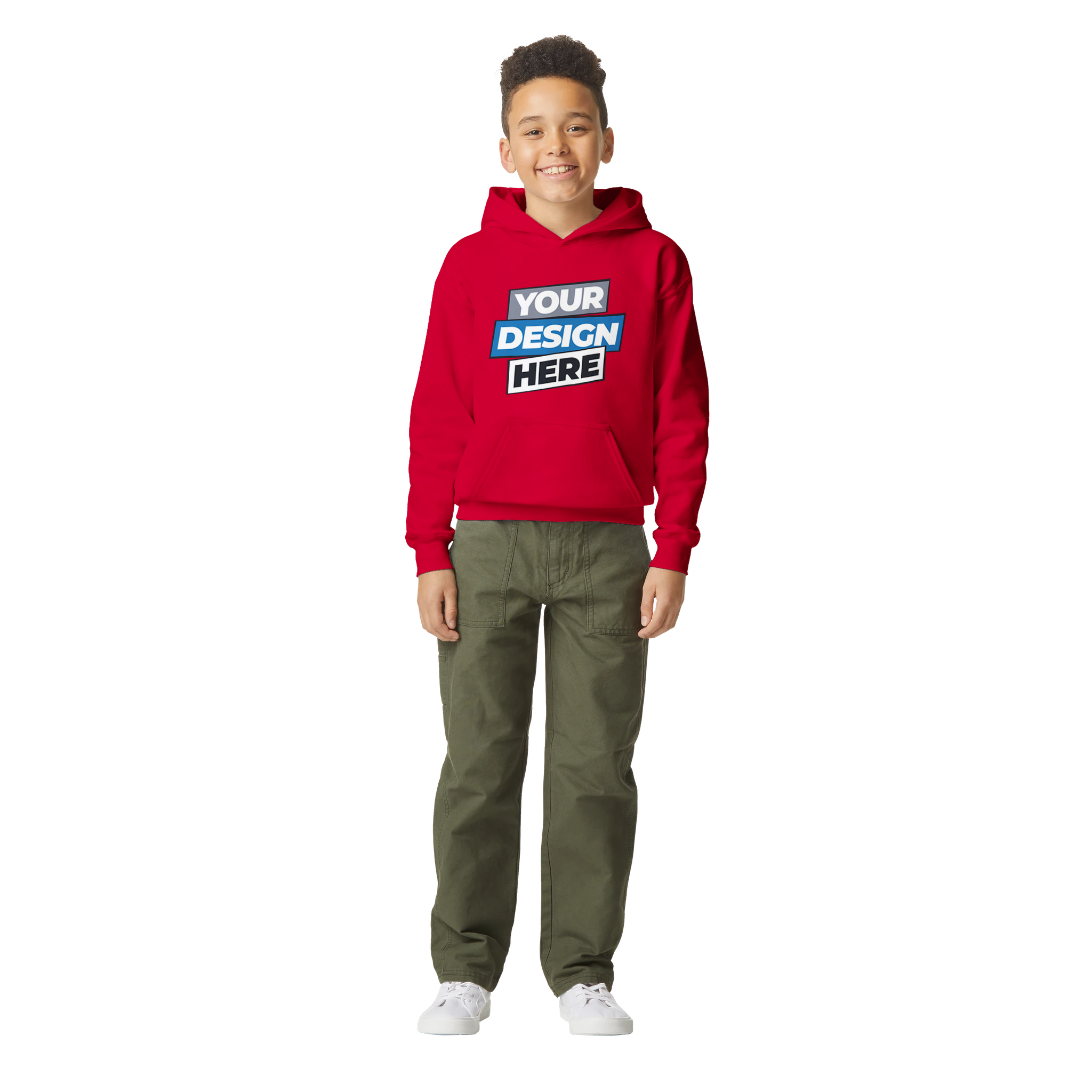 Youth wearing red Terylo fleece hoodie with customizable design, ideal for everyday play. Cozy, midweight, CPSIA-compliant garment.