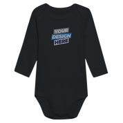 Serano long sleeve baby bodysuit in black, ideal for print-on-demand designs, featuring lap shoulders and easy-access leg openings.