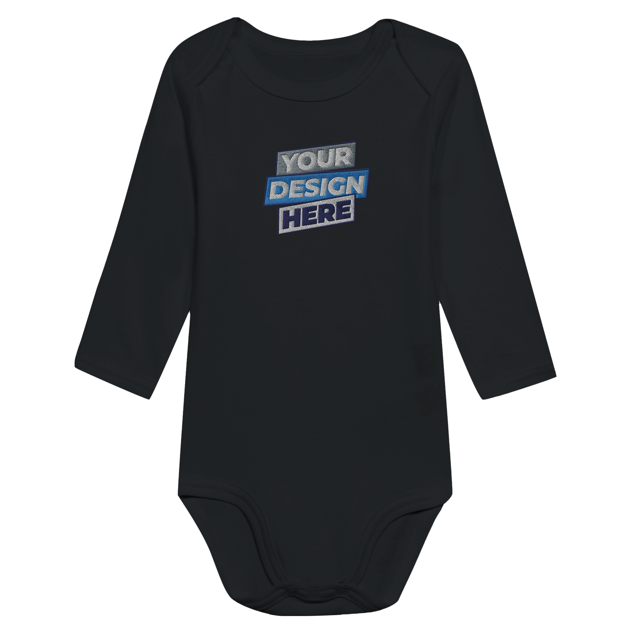 Serano long sleeve baby bodysuit in black, ideal for print-on-demand designs, featuring lap shoulders and easy-access leg openings.