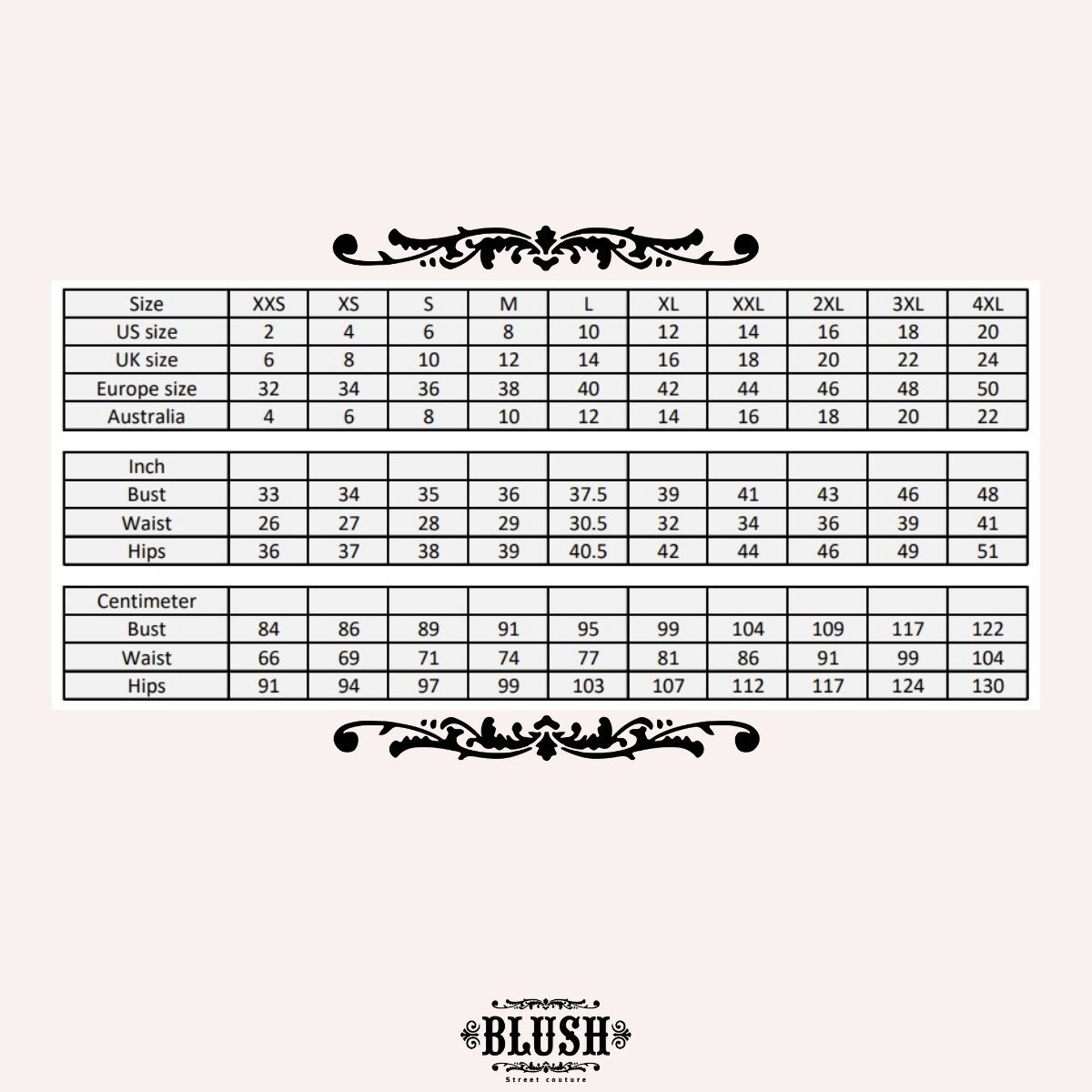 Size chart for Blush dresses showing measurements in inches and centimeters for sizes XXS to 4XL.
