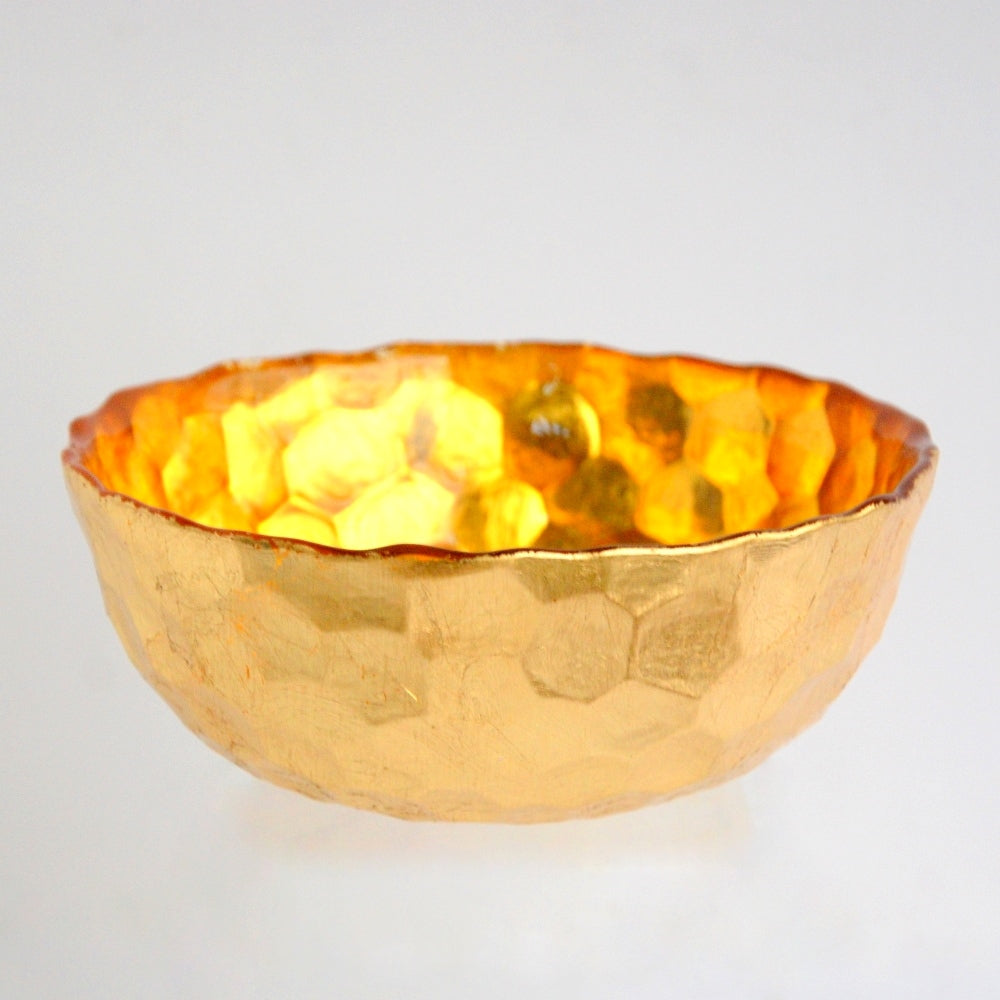 Amber Gold Art Bowl with honeycomb texture, hand-painted and gilded with gold leaf, ideal for decor, jewelry, or appetizers.