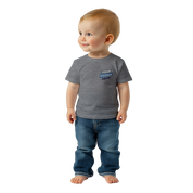 Toddler wearing grey Leoni Cotton Baby Tee with custom design, showcasing breathable softness and comfort for everyday wear.