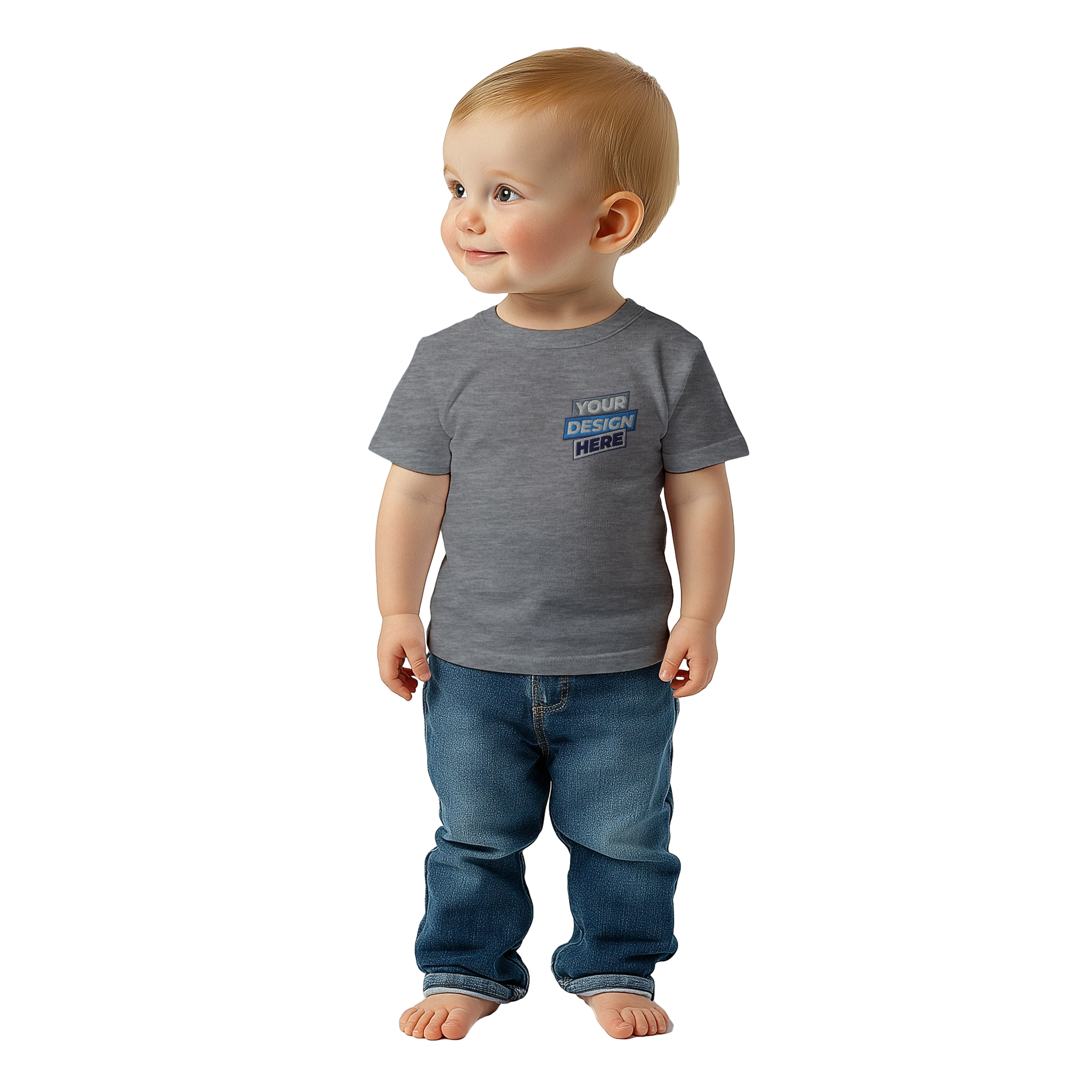 Toddler wearing grey Leoni Cotton Baby Tee with custom design, showcasing breathable softness and comfort for everyday wear.