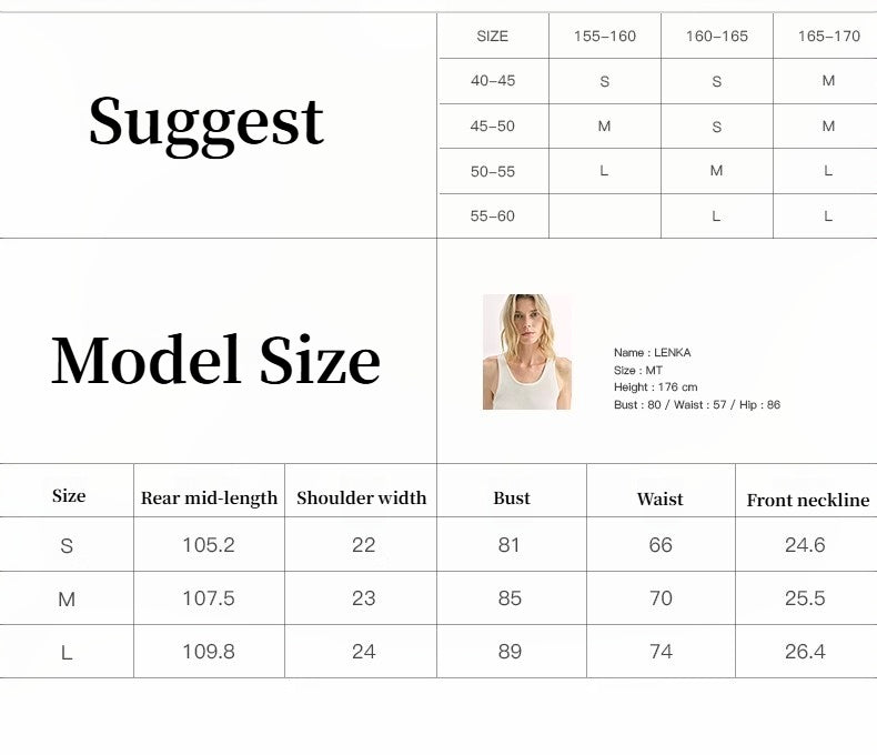 Size chart for women's dresses with model photo and measurements.