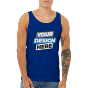 Man wearing blue Calvoro Cotton Tank with customizable front print design