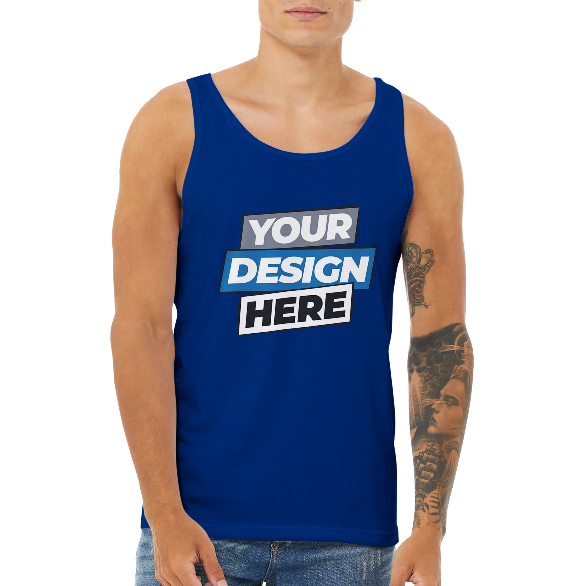 Man wearing blue Calvoro Cotton Tank with customizable front print design