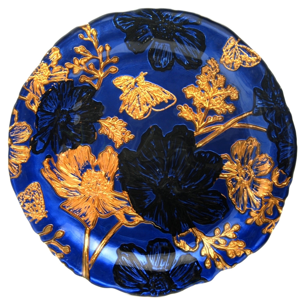 Papillon Indigo & Gold Side Plate with floral design, hand-carved on glass, featuring vivid indigo, gold, and black tones.